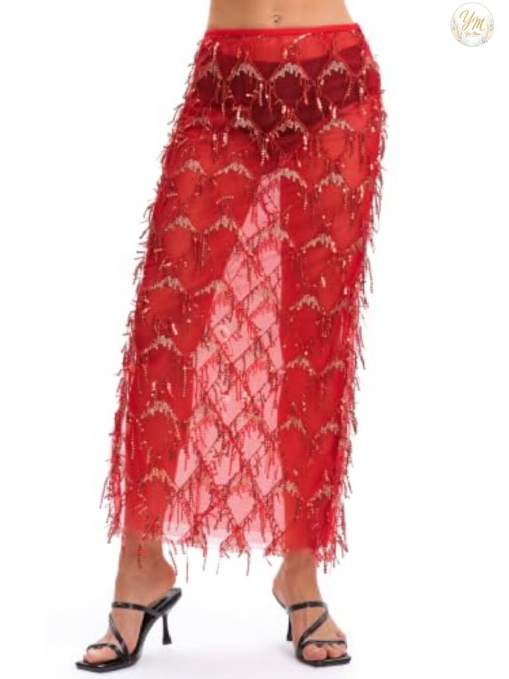 AXX Sequin Fringe Midi Skirt Sheer Mesh Tassel Party Skirt